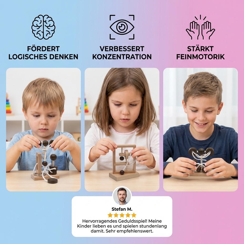 Wooden Family Puzzle Game - Handmade IQ Puzzle with Rope