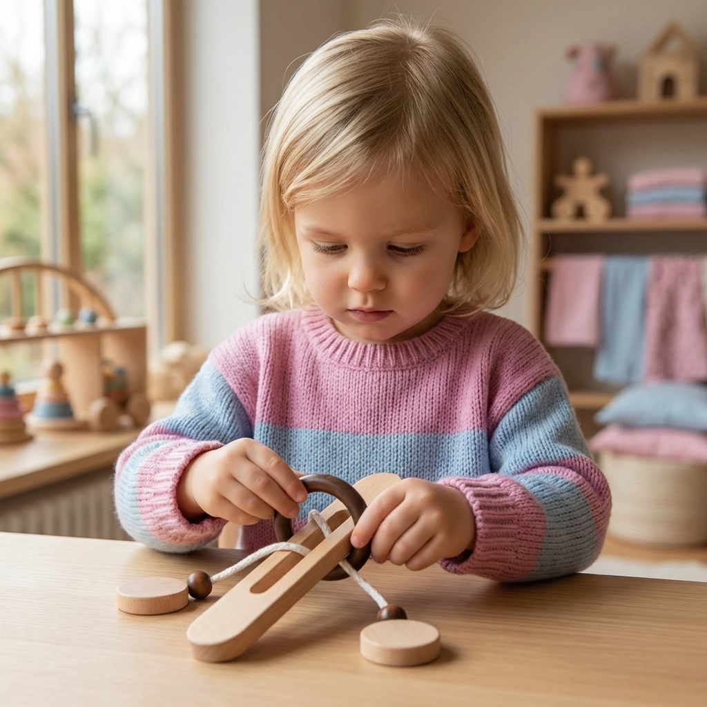 Wooden Family Puzzle Game - Handmade IQ Puzzle with Rope