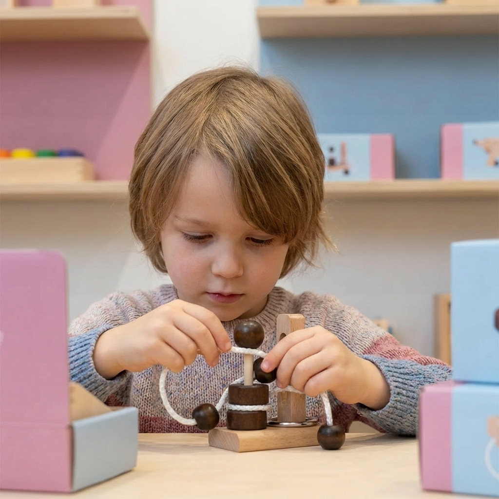 Wooden Family Puzzle Game - Handmade IQ Puzzle with Rope