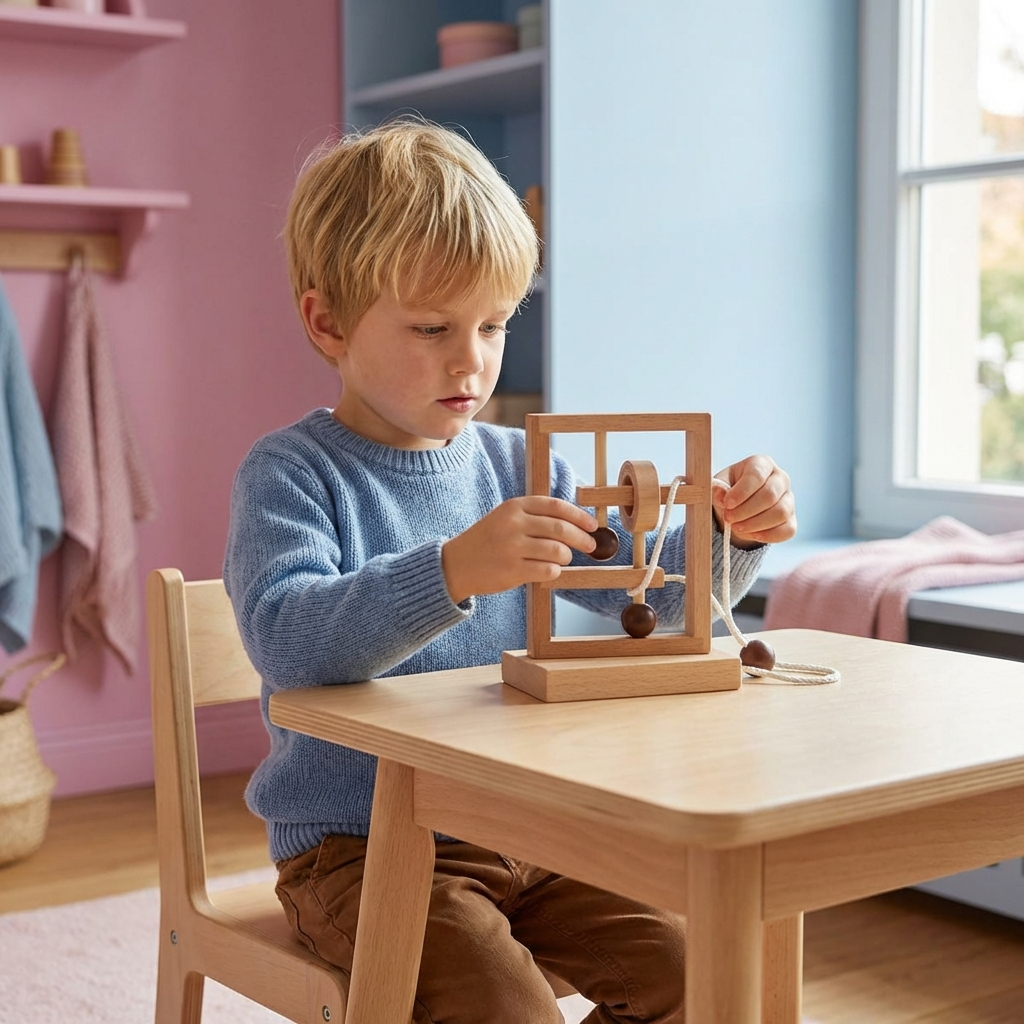 Wooden Family Puzzle Game - Handmade IQ Puzzle with Rope