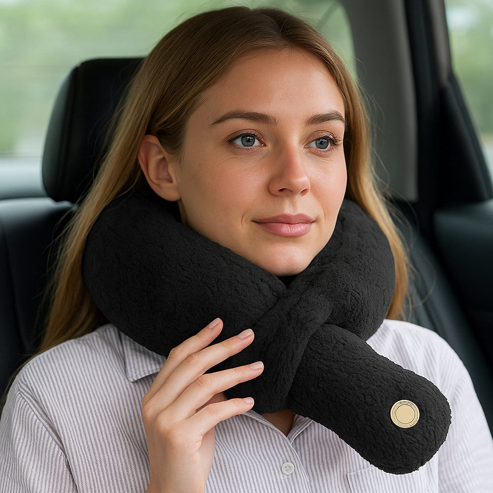 Neck pillow with integrated massage - ideal for car journeys and flights