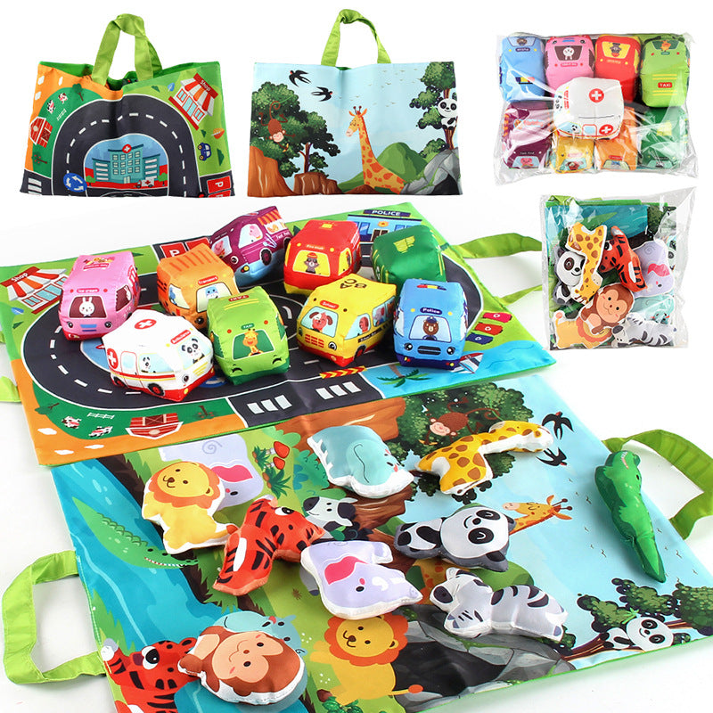 Plush Toy Cars with Road Mat and Carrying Bag – 2in1