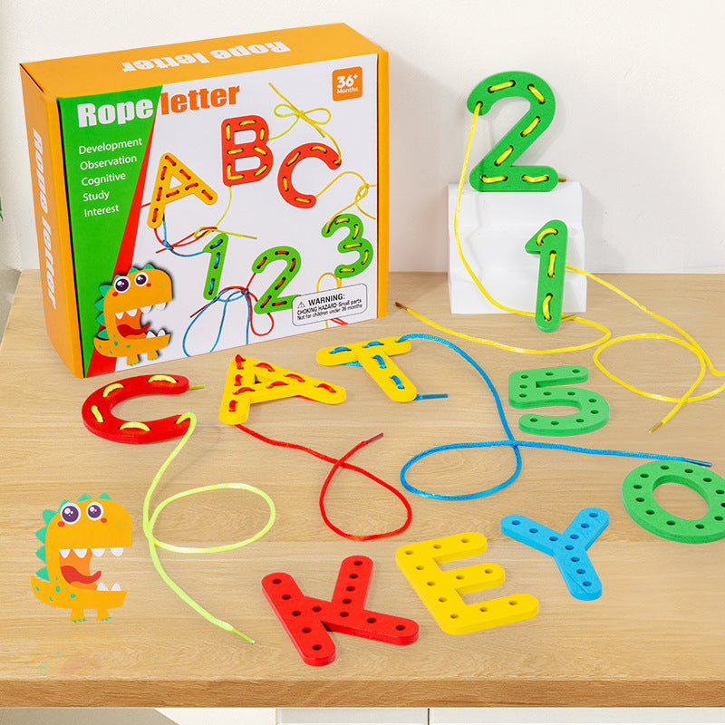 Wooden educational toy for threading letters, numbers, and colors