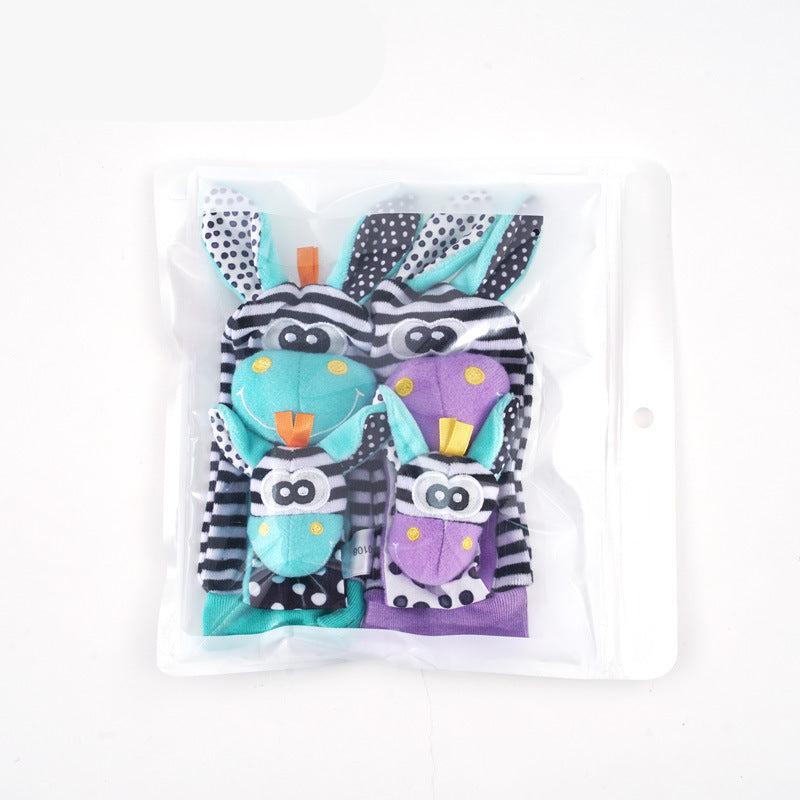 Plush socks and bracelet for babies with sensory elements