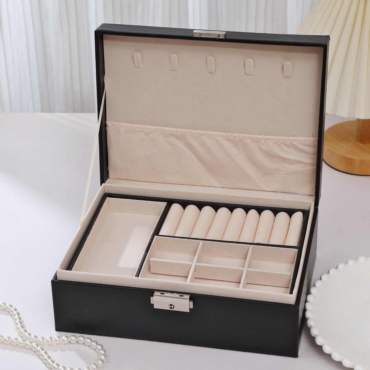Stylish jewelry box with two spacious compartments