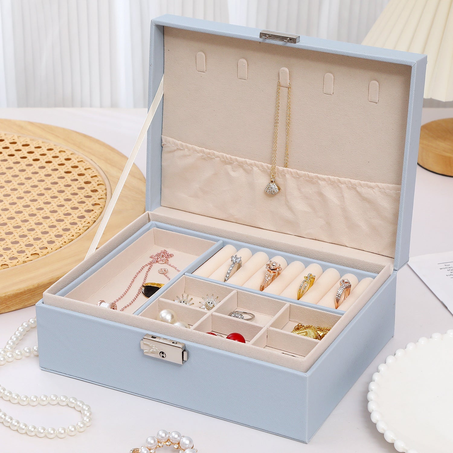 Stylish jewelry box with two spacious compartments