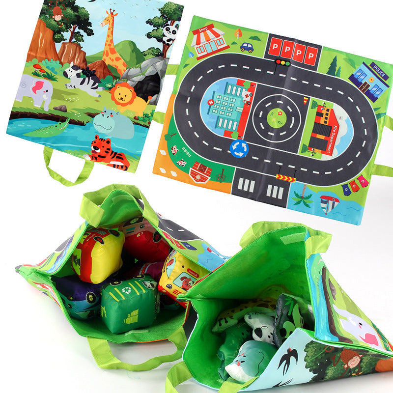 Plush Toy Cars with Road Mat and Carrying Bag – 2in1