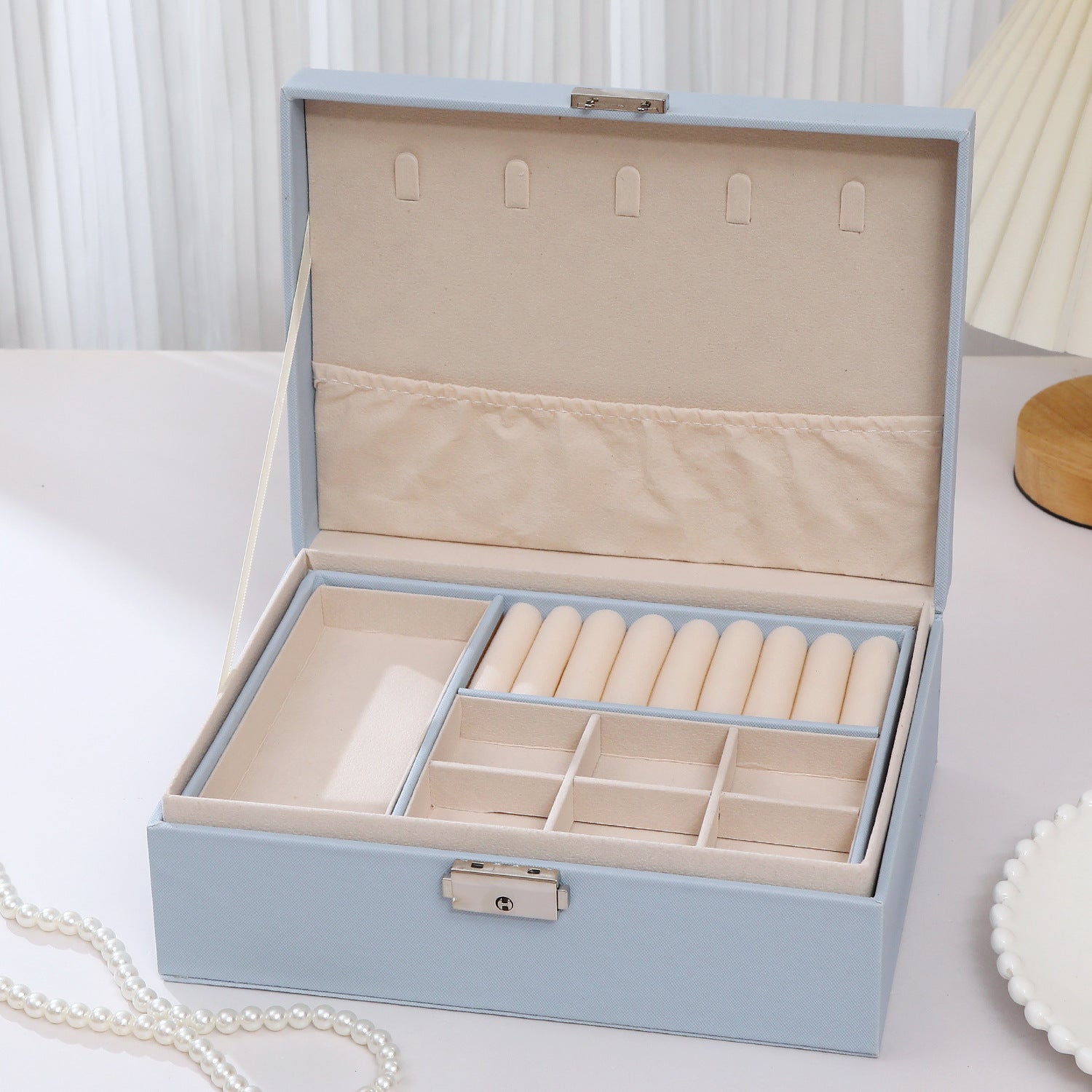 Stylish jewelry box with two spacious compartments