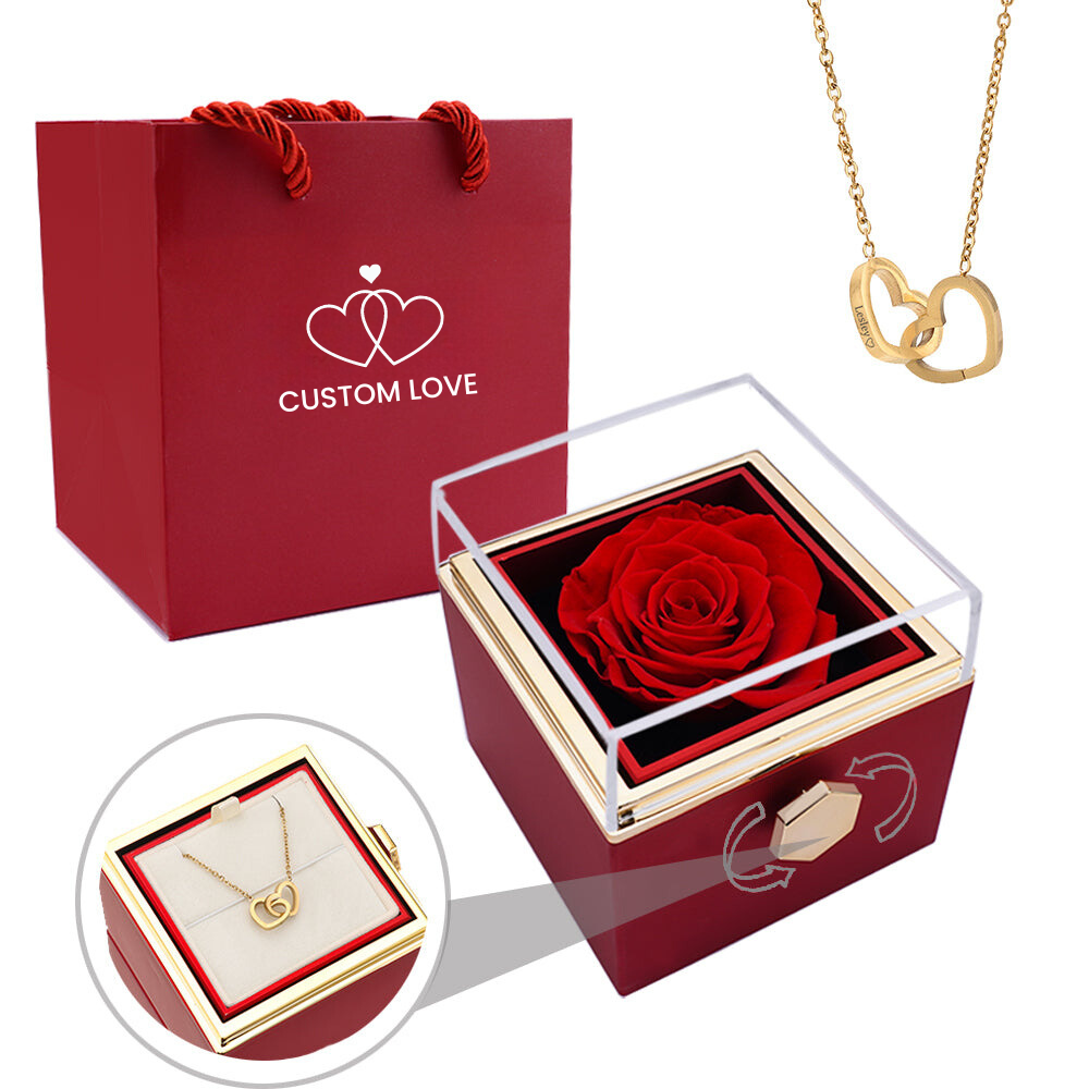 Jewelry Box with Eternal Rose and Heart Necklace – 14k White Gold & 18k Gold Finish