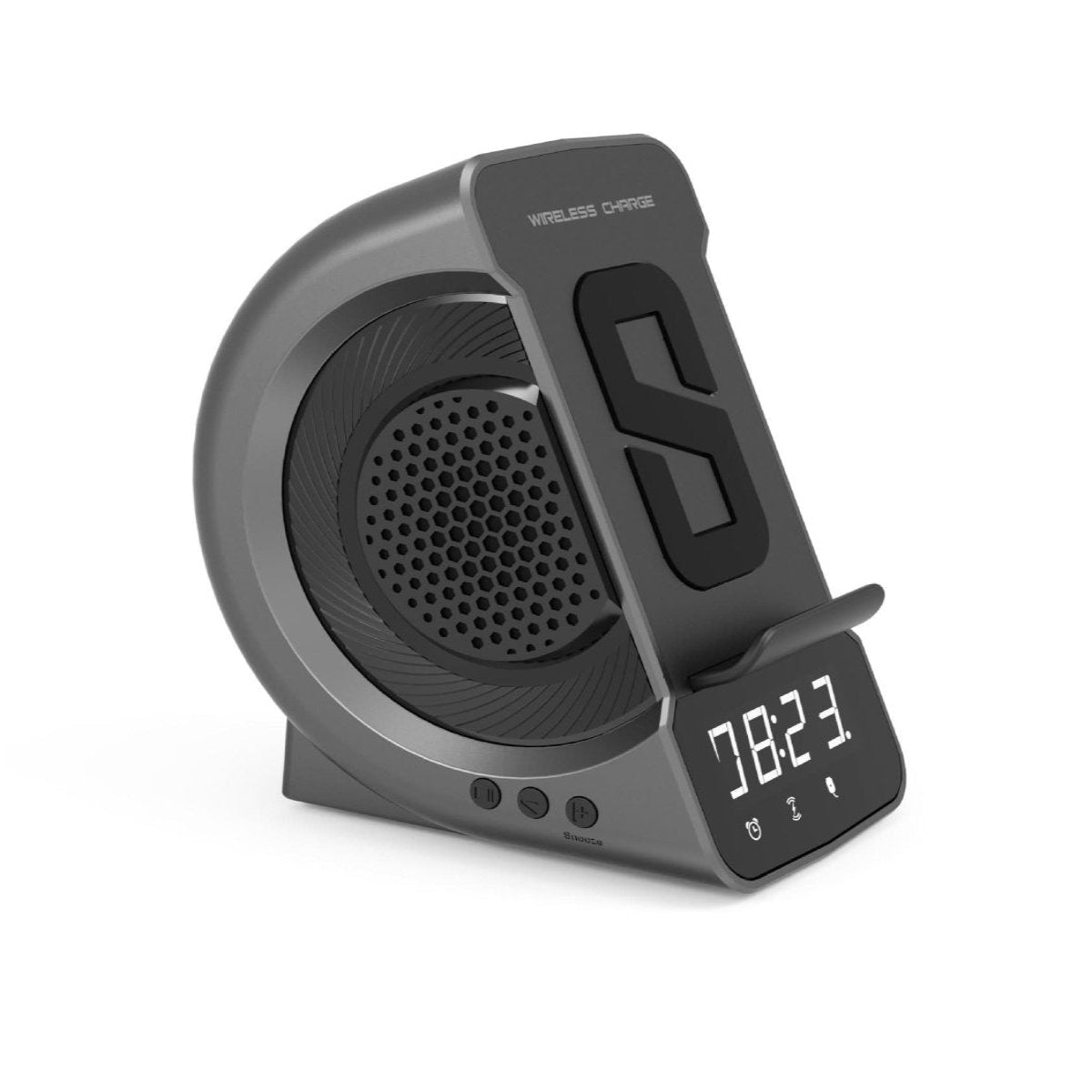 Kompakter Bluetooth-Lautsprecher mit Wecker und kabelloser Ladestation