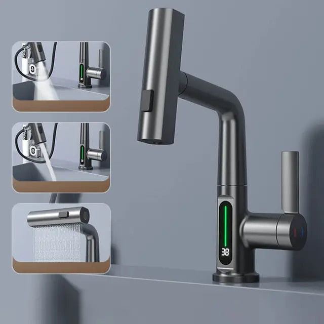 Elegant Kitchen Faucet with Pull-Out Spray Head and Temperature Display