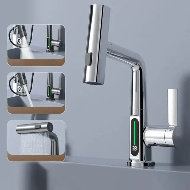 Elegant Kitchen Faucet with Pull-Out Spray Head and Temperature Display