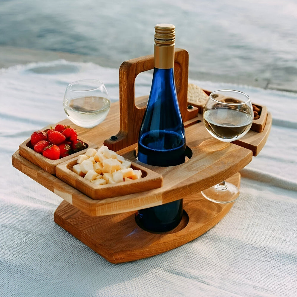 Kompakter Klapptisch für Picknick mit Wein- und Snackfächern