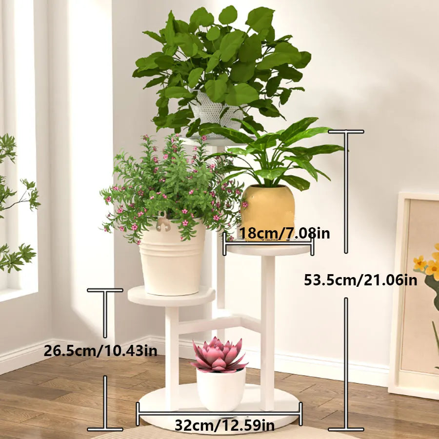 Versatile plant shelf with round wooden shelves and a sturdy metal frame