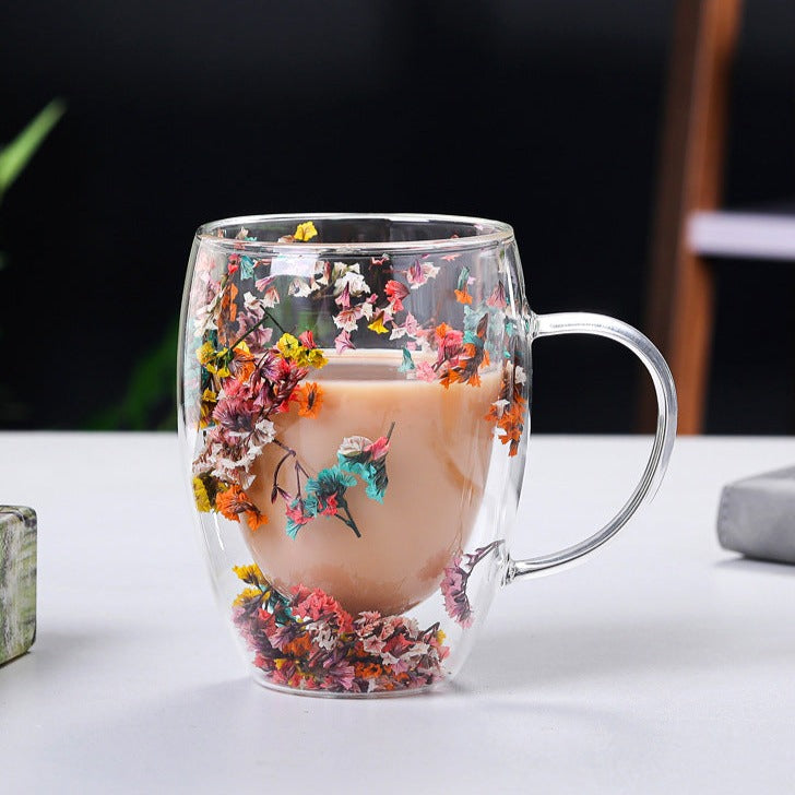 Eleganter Isolierglasbecher mit Trockenblumen-Dekor