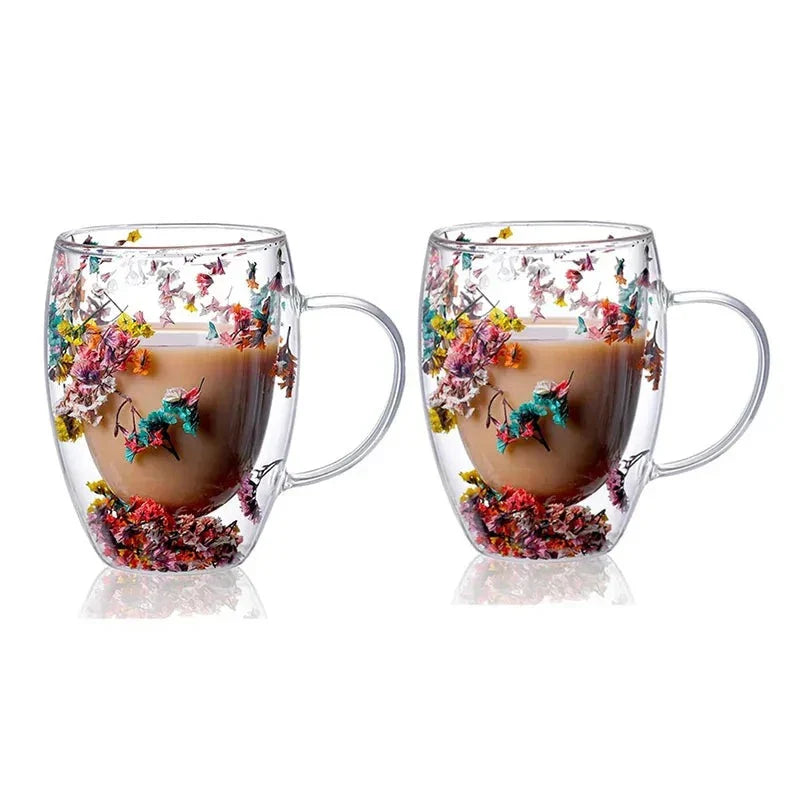 Set of 2 Double-Walled Cups with Dried Flowers