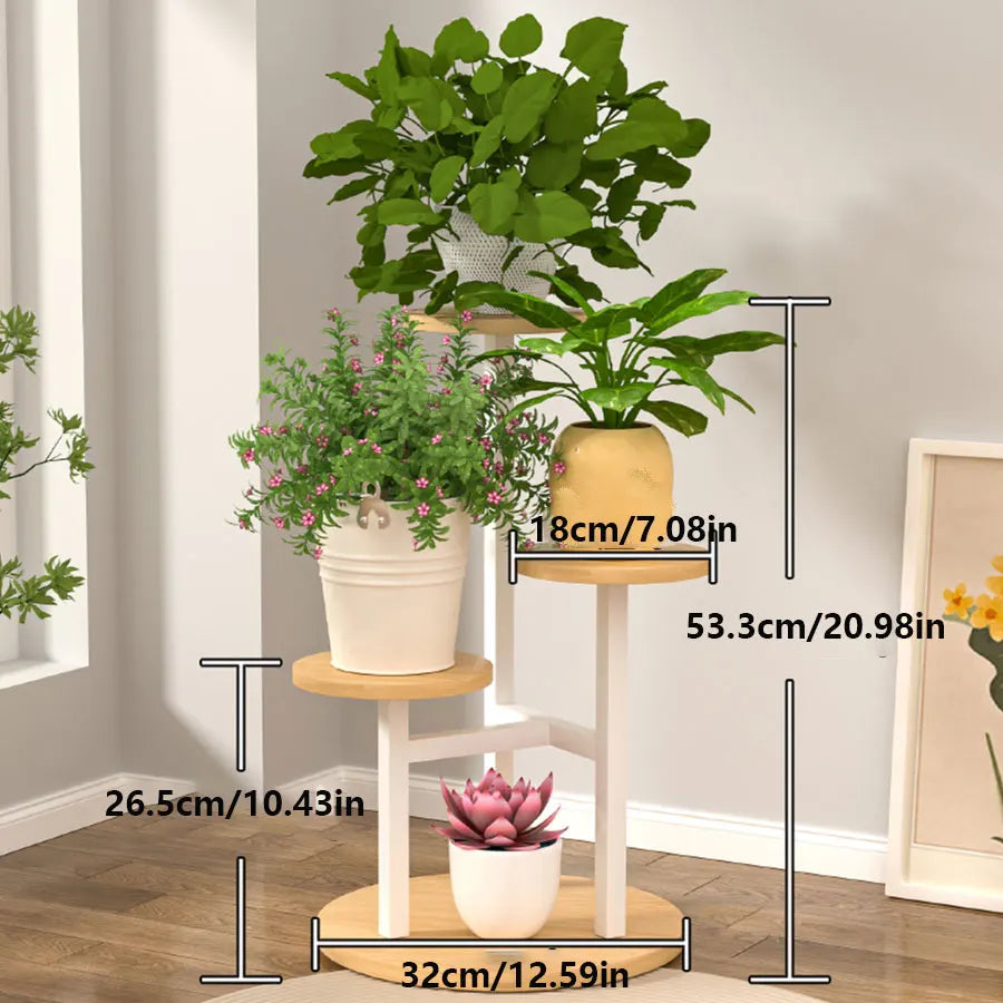 Versatile plant shelf with round wooden shelves and a sturdy metal frame