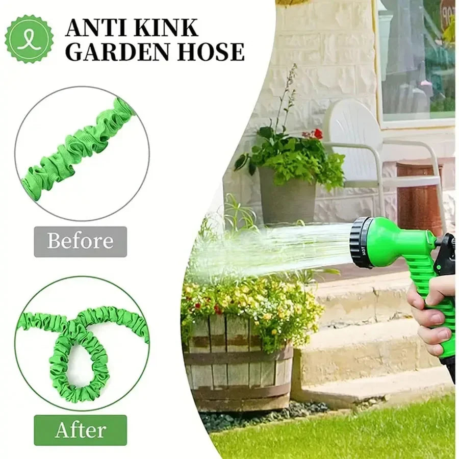 Flexible Garden Hose with 7-Function Spray Gun – Extends Up to Three Times Its Length