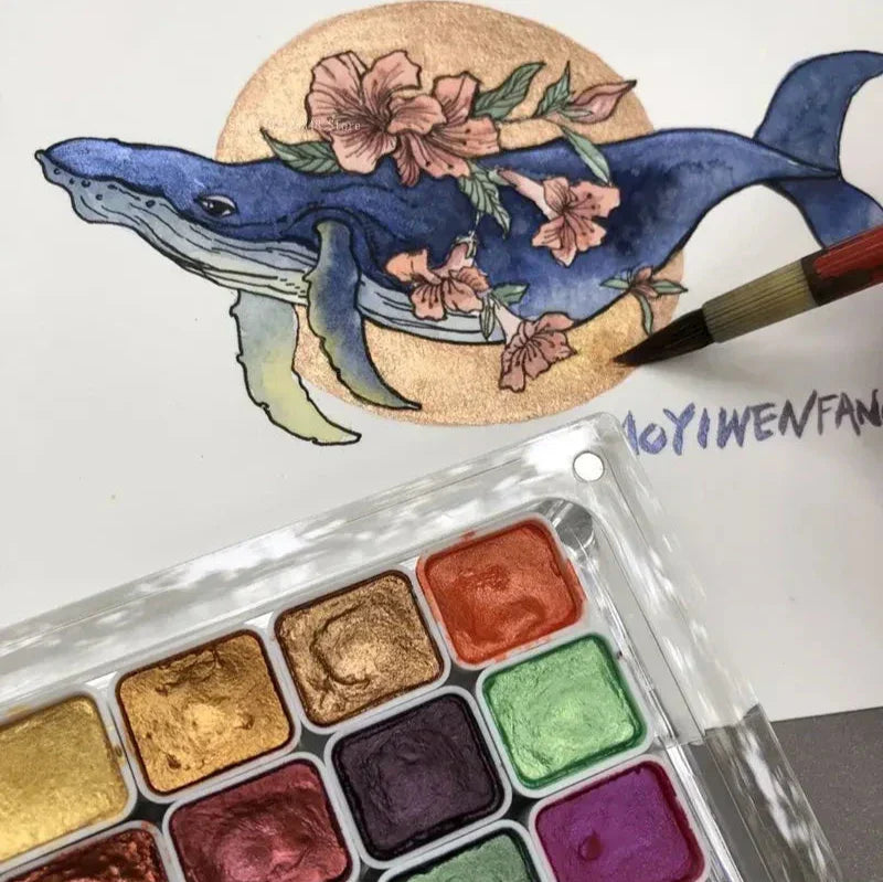Mother-of-pearl paint set with 10 colours and mixing palette