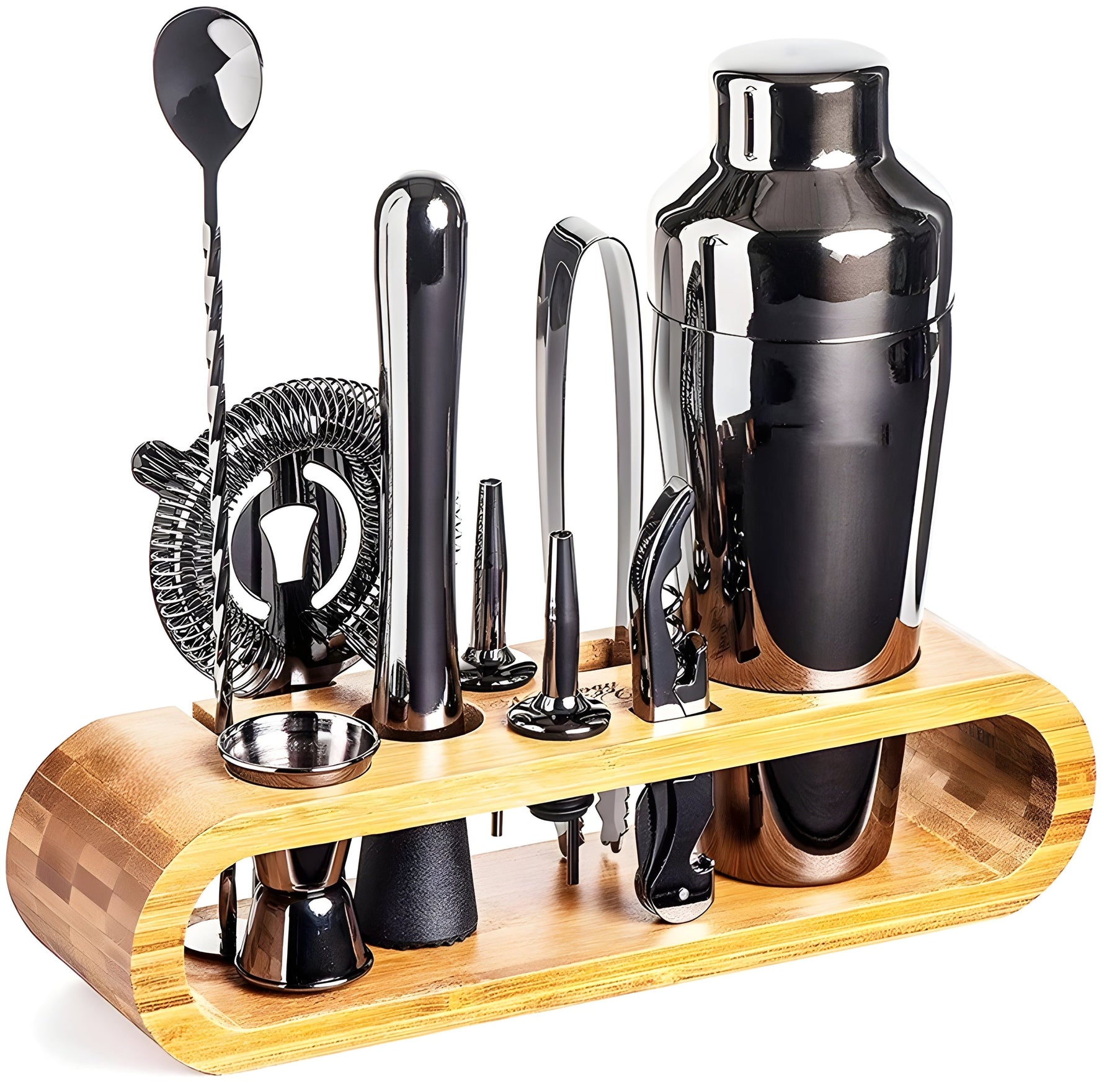 Elegant Cocktail Shaker Set with Bamboo Stand – 10-Piece