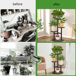 Versatile plant shelf with round wooden shelves and a sturdy metal frame