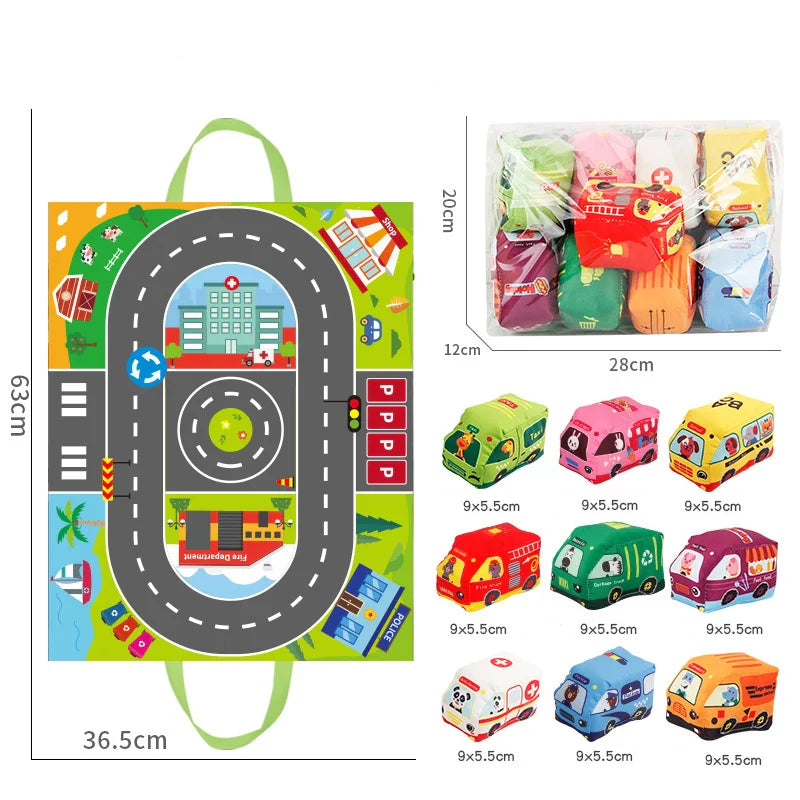 Plush Toy Cars with Road Mat and Carrying Bag – 2in1