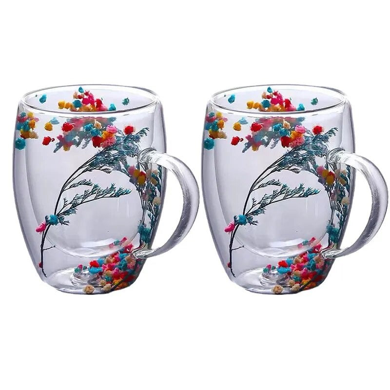 2er Set Doppelt Wandige Glasbecher mit Trockenen Blumen