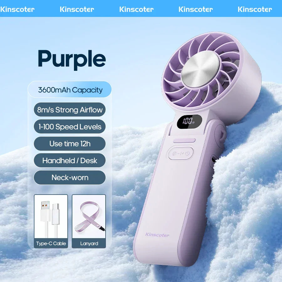 FrostWind Mini-Ventilator | Anpassbare Kühlung mit 100 Stufen | 3600 mAh Akku | Tragbar & Eis-Kühlung