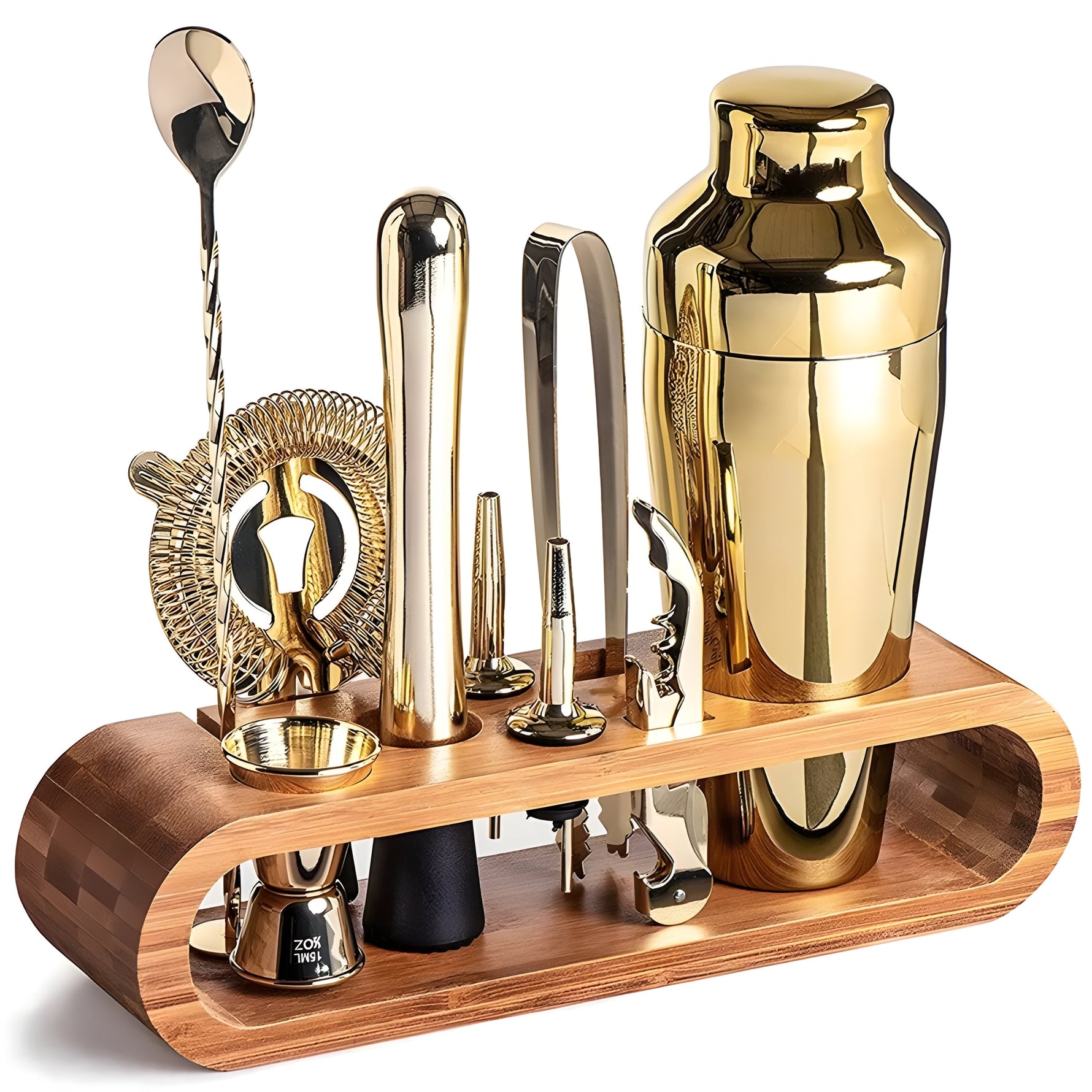 Elegant Cocktail Shaker Set with Bamboo Stand – 10-Piece