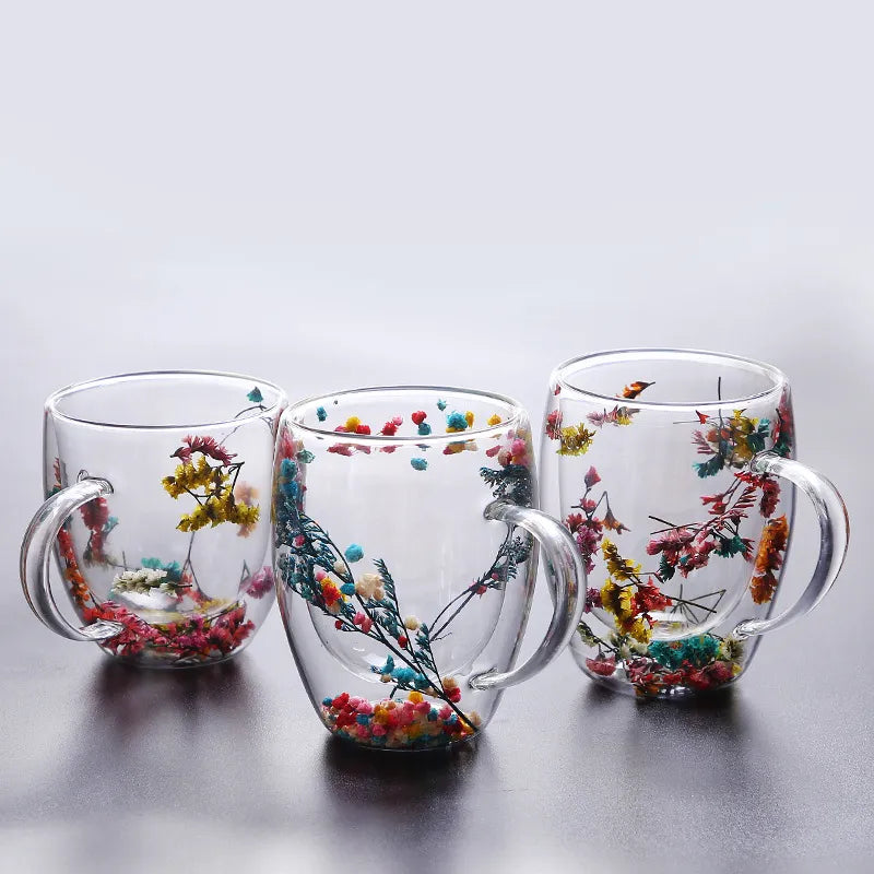 Set of 2 Double-Walled Cups with Dried Flowers