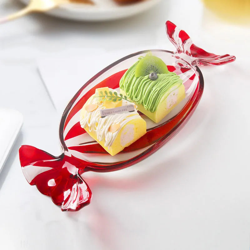 Glass snack plate in candy shape