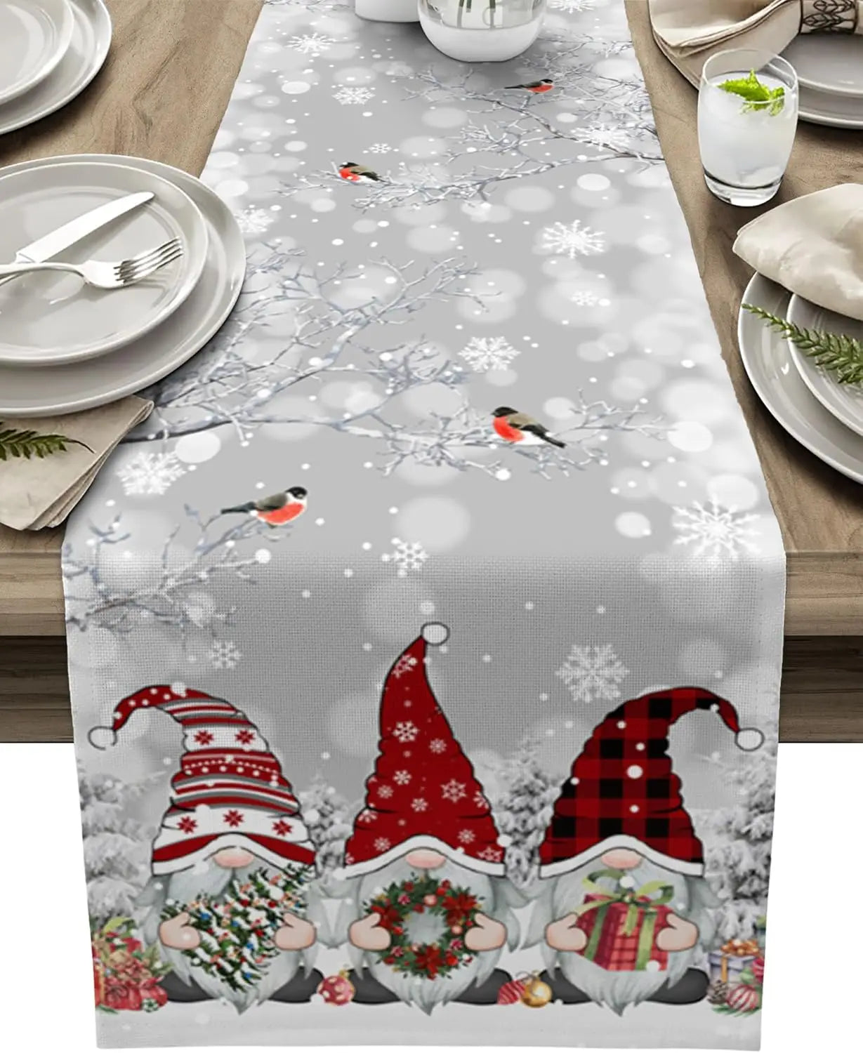Christmas Table Runner with Snowman and Snowflake Pattern - Elegant Linen Runner