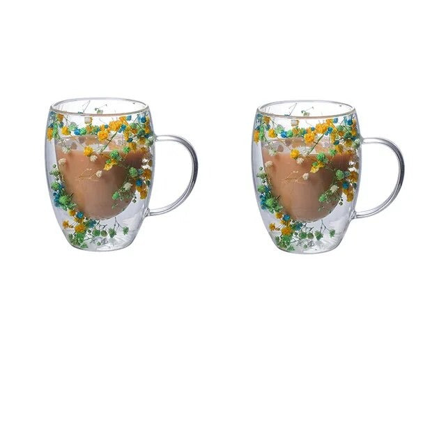 Set of 2 Double-Walled Cups with Dried Flowers