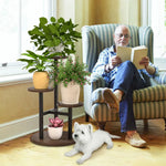 Versatile plant shelf with round wooden shelves and a sturdy metal frame