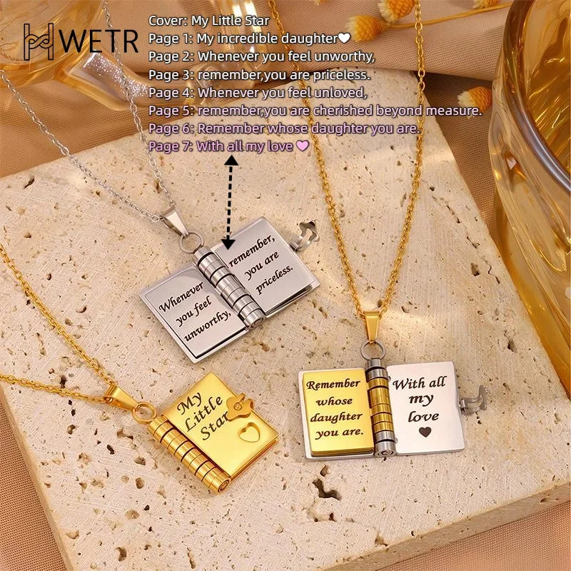 Erinnerungsbuch-Hängerhalskette – Symbolschmuck mit liebevoller Botschaft
