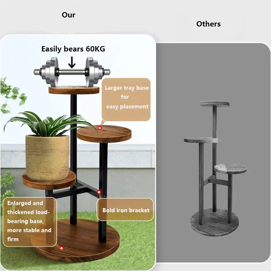 Versatile plant shelf with round wooden shelves and a sturdy metal frame