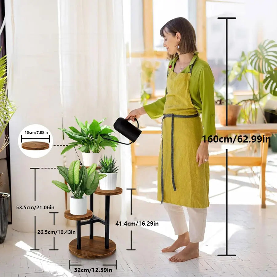 Versatile plant shelf with round wooden shelves and a sturdy metal frame