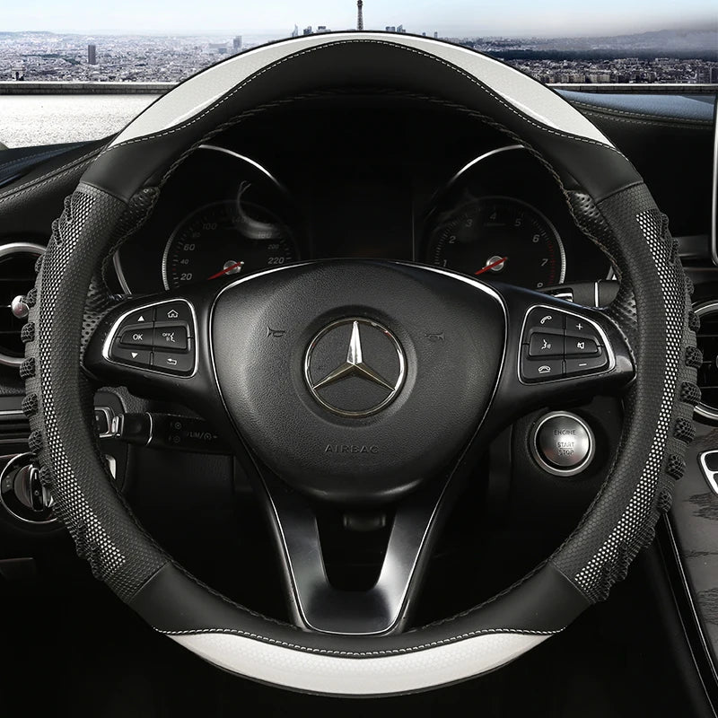 Elegant faux leather steering wheel cover with non-slip texture