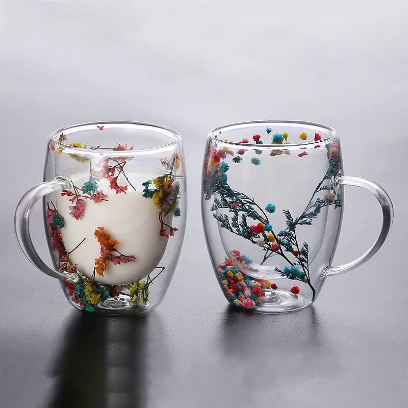 Set of 2 Double-Walled Cups with Dried Flowers