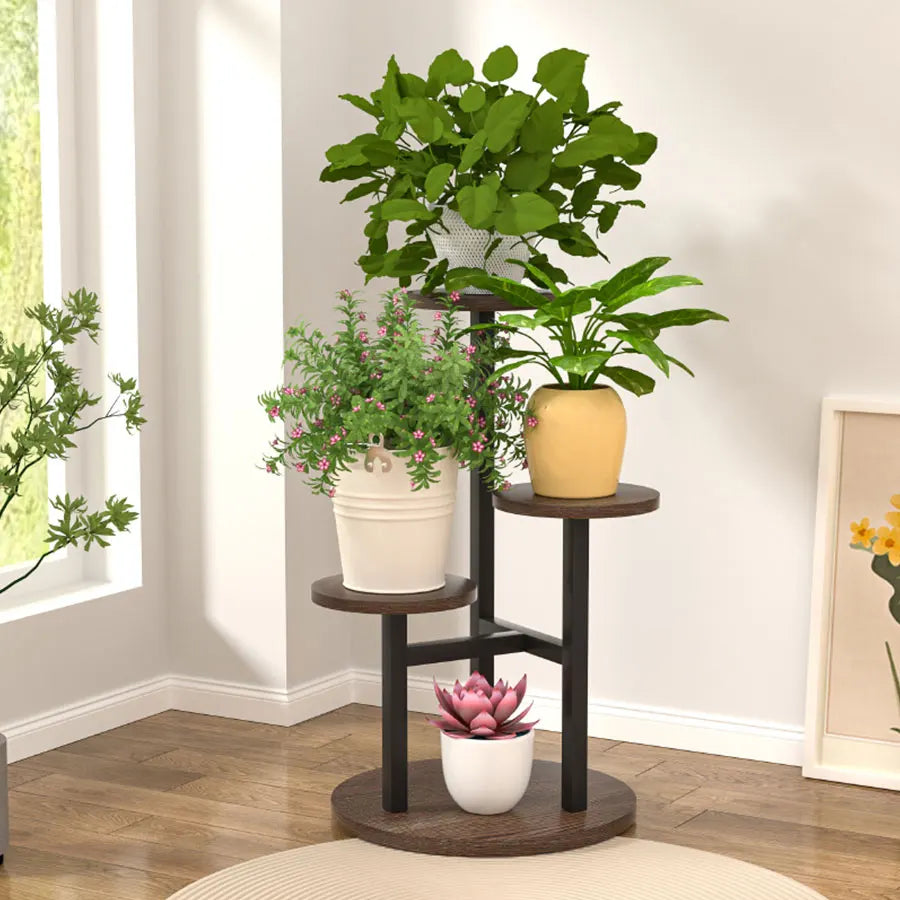Versatile plant shelf with round wooden shelves and a sturdy metal frame