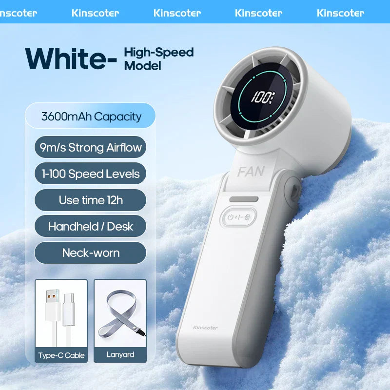 FrostWind Mini-Ventilator | Anpassbare Kühlung mit 100 Stufen | 3600 mAh Akku | Tragbar & Eis-Kühlung