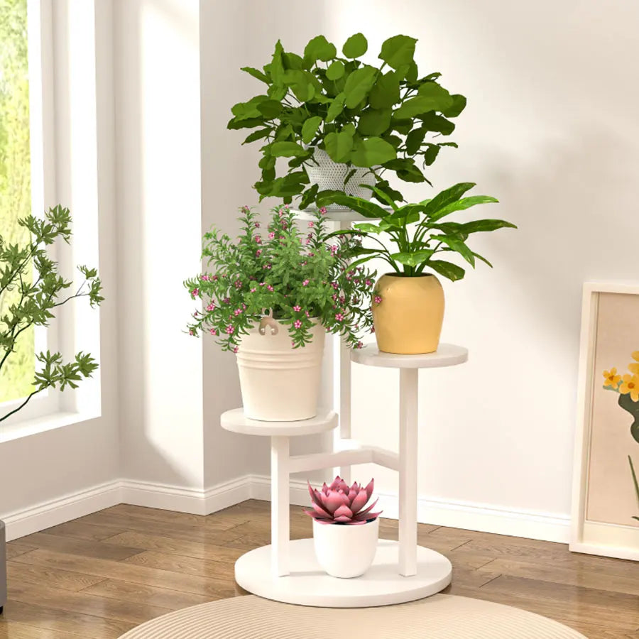 Versatile plant shelf with round wooden shelves and a sturdy metal frame