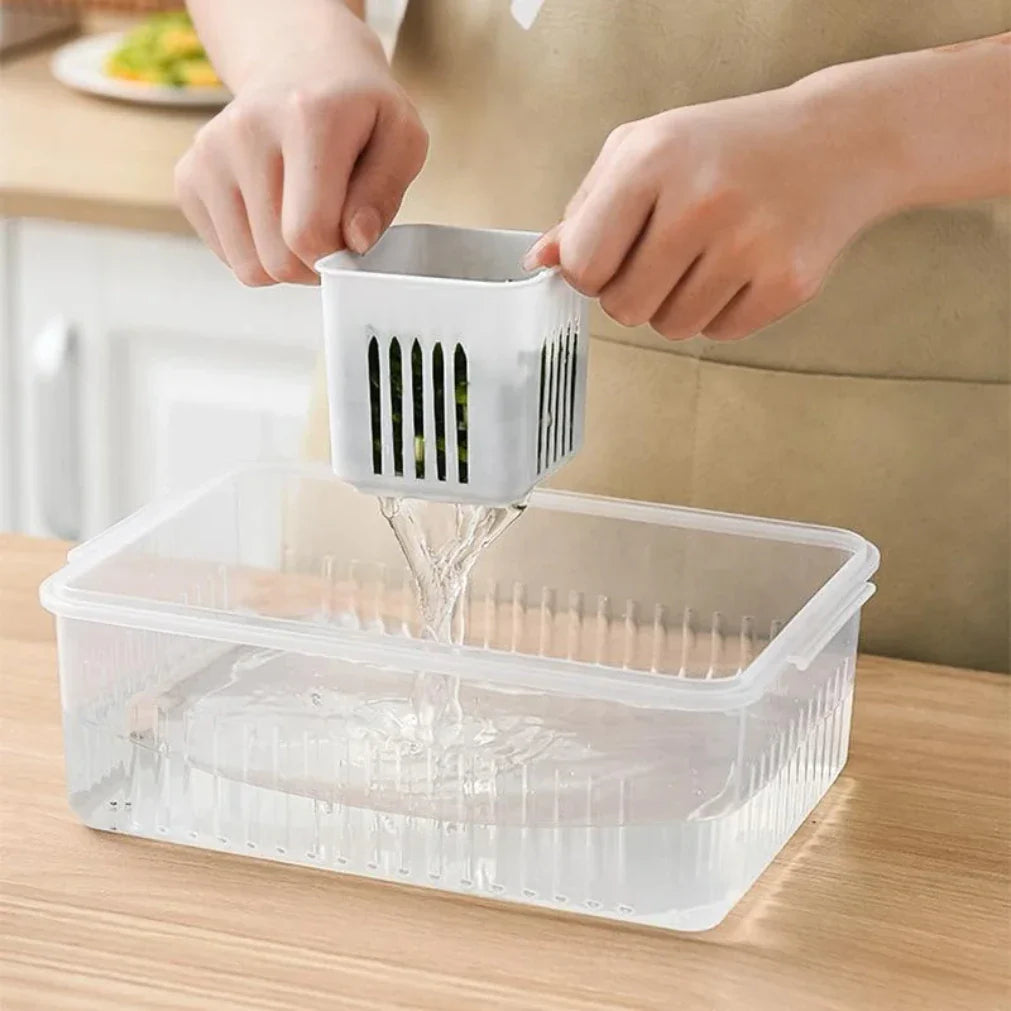 Frische-Behälter für Kühlschrank mit Abfluss und Deckel – 6 Fächer