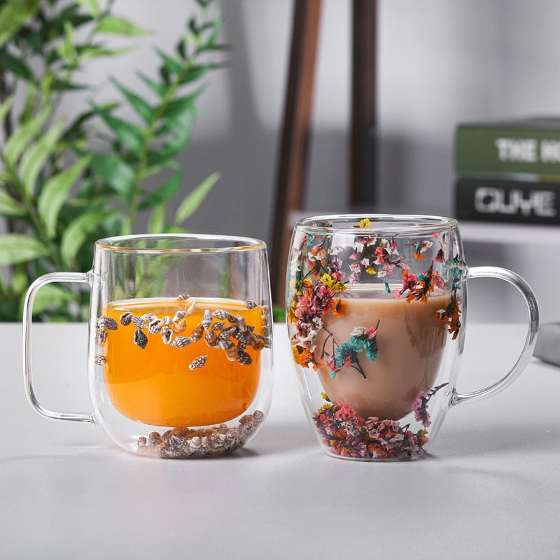 Double-walled glass beakers for dried flowers