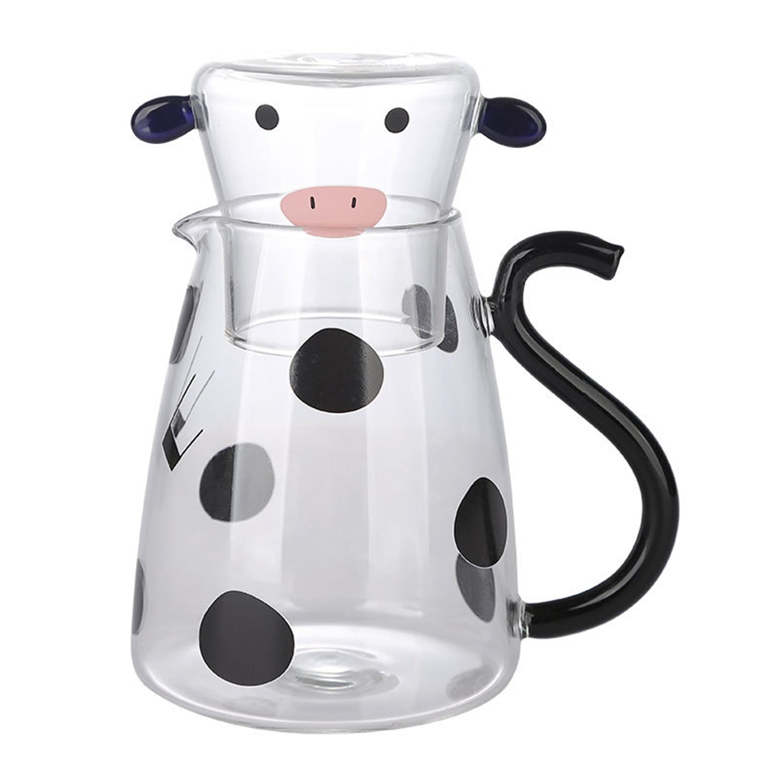 Glass pitcher with cow design and mug