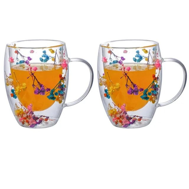 2er Set Doppelt Wandige Glasbecher mit Trockenen Blumen