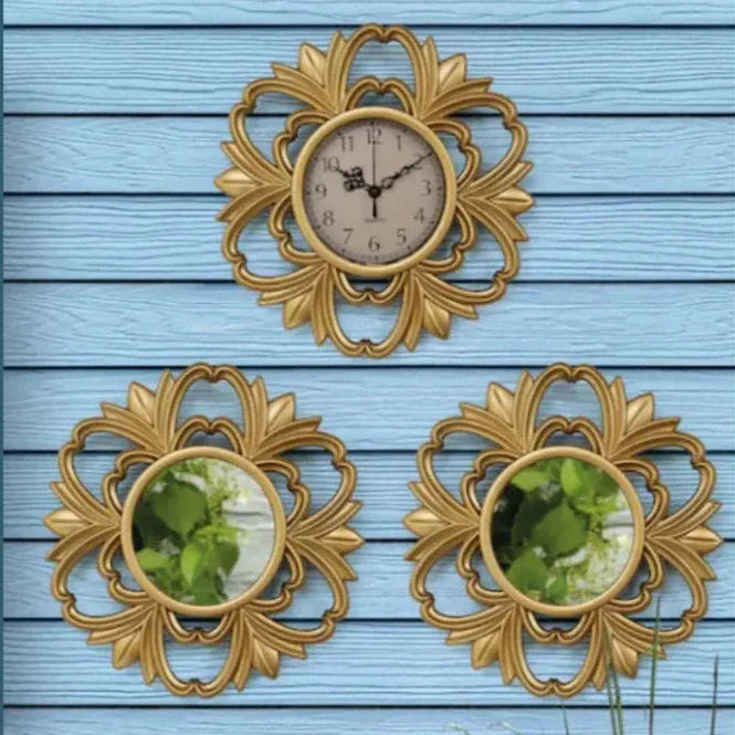 Zeitlose Wanduhr und Spiegel Set – Elegantes Design in Antikgold