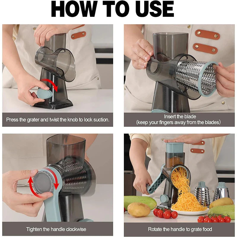 Practical hand grater with 3 interchangeable inserts