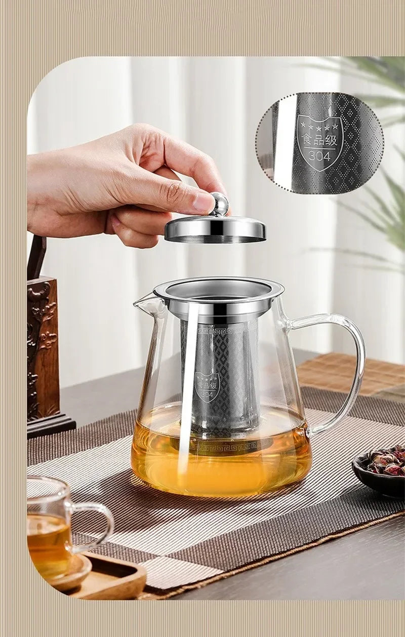 Elegante Teekanne aus hitzebeständigem Glas mit Edelstahlfilter