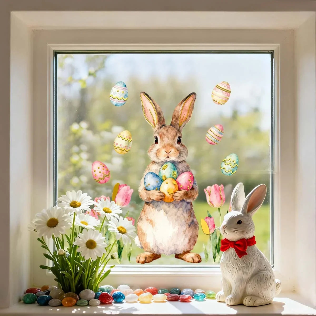 Farbenfrohe Fensterdekoration für Ostern | Fröhliche Hasen & Eier